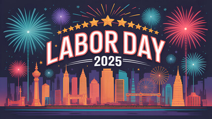 Labor day celebration in the city skyline with fireworks and stars for the year of twenty twenty five .