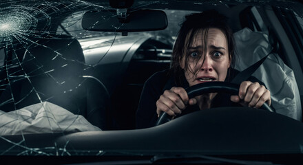 Scared woman in a car after accident with broken windshield and deployed airbag. Concept of motor vehicle safety.