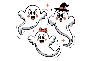 Vector set of cute friendly halloween ghosts with different emotions.