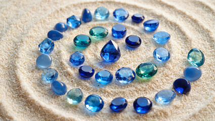 Various blue and green gemstones are artistically arranged in a spiral pattern on light-colored sand, illuminated by soft natural light. The design highlights the unique shapes and shades