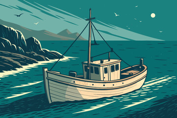 Obraz premium -traditional-wooden-fishing-boat-sailing-near-shor.eps