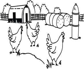 Chickens in Poultry Farm &ndash; Agriculture Vector Illustration
