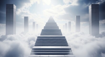 Grand Staircase Ascending Through Ethereal Clouds Towards Heavenly Light