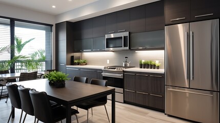 A contemporary kitchen with dark gray cabinets, white countertops, and high-end black appliances. The space is elevated with under-cabinet lighting and a chic, modern design.