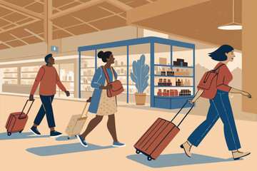 Diverse travelers navigating a bustling airport duty-free shop, a vibrant hub of global commerce.
