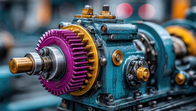 Close-up of a teal-colored industrial machine gear train