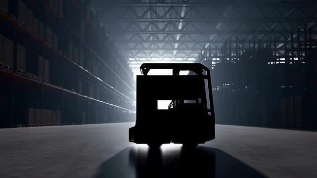 Autonomous electric delivery van backing up in modern warehouse
