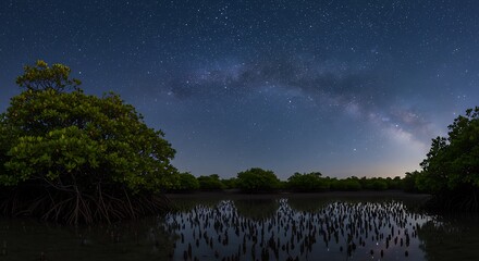 A breathtaking night sky filled with stars and the Milky Way arches over a serene mangrove forest with its roots reflected in the calm water below.