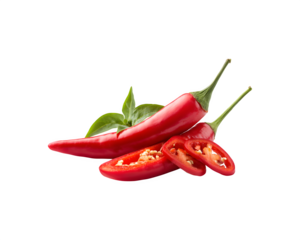 A fresh red chili pepper with several sliced pieces