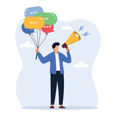Communication and Public Relations concept. Businessman holding speech bubble balloons while talking on megaphone. Public Relations manager to communicate company information and media. 