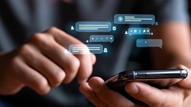 Mobile Communication: A close-up shot reveals the intricate connection between a user and their mobile phone, illuminating the constant stream of text messages and digital conversations.