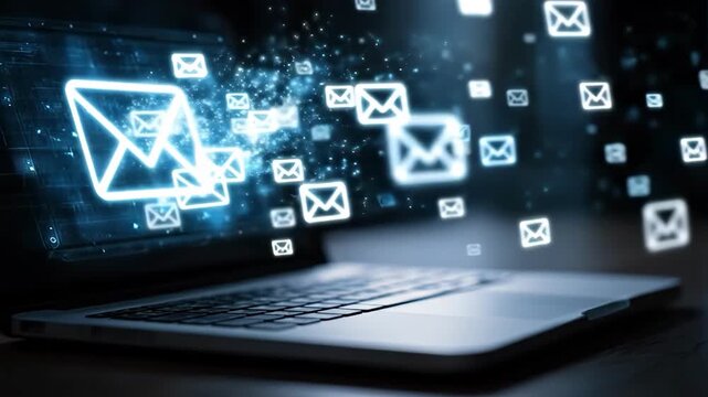 Digital Messages Flow: Abstract digital composition featuring glowing email icons emanating from an open laptop, representing the swift flow of information.