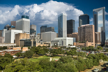 Houston Texas downtown city view with Root Memorial Park