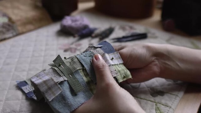Hands hand sewing a decorative textile patchwork