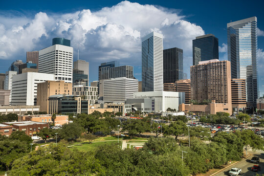 Houston Texas downtown city view with Root Memorial Park
