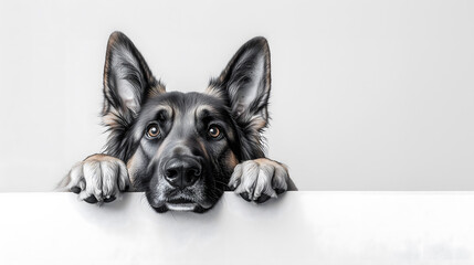 German Shepherd dog peeking over edge with paws and expressive eyes