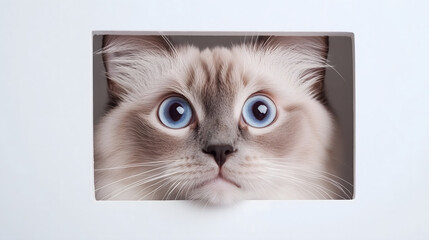 Cat with striking blue eyes peeking through square hole close-up portrait