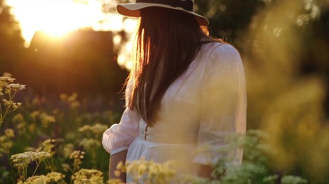 Woman in a white dress and hat enjoying a sunny day in a flower field