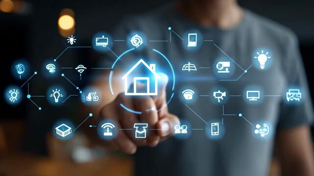 Smart Home Technology at Fingertips: A person interacts with an illuminated graphic interface representing smart home technology, with icons depicting various smart devices and systems.