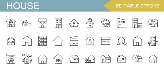 House line icon set – Includes home, real estate, building, apartment and architecture. Editable stroke. Vector illustration.