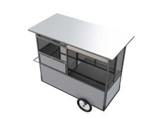 Minimalist Design Street Vending Trolley: Clean 3D Rendering of Blank Silver Metal Food Cart, High Quality Isolated PNG Transparent Asset for Digital Merchandising and Pop-Up Shops.