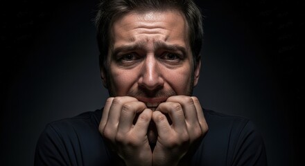Anxious Man Biting Fingernails, Experiencing Fear and Worry, Dark Background