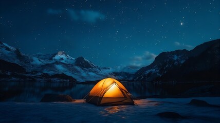 nighttime camping in mountain landscape with glowing tent and starry sky.