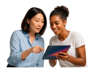 Two women using a tablet computer.