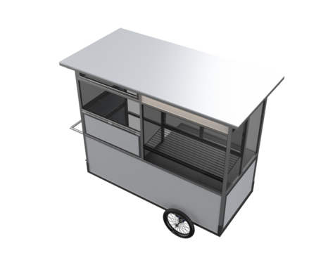 Minimalist Design Street Vending Trolley: Clean 3D Rendering of Blank Silver Metal Food Cart, High Quality Isolated PNG Transparent Asset for Digital Merchandising and Pop-Up Shops.