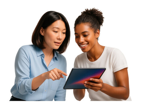 Two women using a tablet computer.
