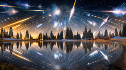 Night sky where meteor showers collide into celestial fireworks reflected in a still lake.