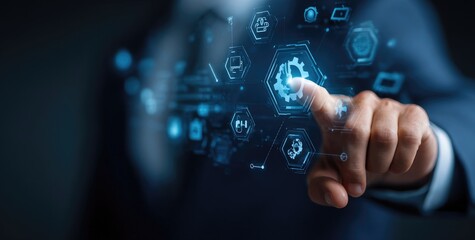 Businessman's hand interacting with a holographic interface of interconnected gears and icons representing various business processes
