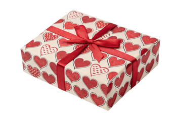 gift box with red heart pattern, beautifully wrapped with red ribbon, perfect for expressing love and affection on special occasions