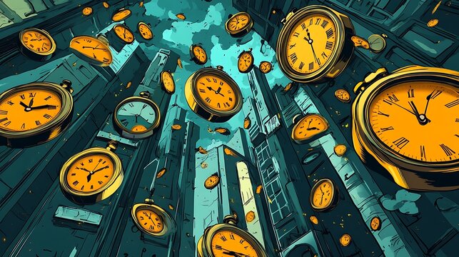 Floating clocks in urban illustration
