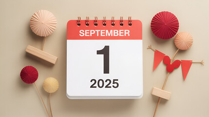 A calendar showing september first twenty twenty five with decorative balls and flags around it .