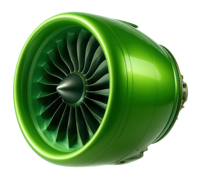 Green jet engine turbine showcasing eco-friendly aviation technology and sustainable machinery.