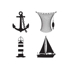 Nautical theme elements anchor lighthouse fishing net sailboat silhouettes maritime adventure symbols silhouette