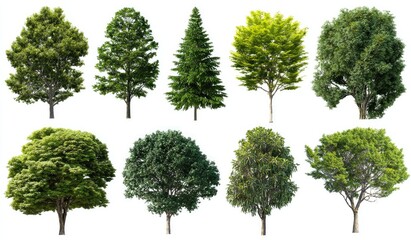 Nine diverse trees against a white background.  Each tree displays a unique shape and varying shades of green foliage