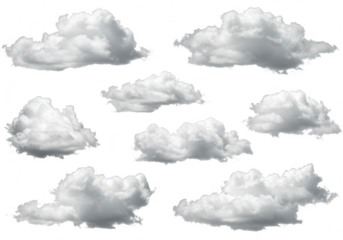 A collection of fluffy white clouds isolated on transparent background