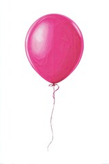 A vibrant, glossy hot pink balloon floats against a pure white background. Its smooth, rounded surface shows subtle shading and highlights. A thin, light-colored string descends from the bottom