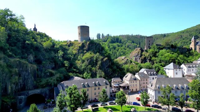 Esch-sur-Sure, Wiltz, Grand-Duche de Luxembourg, August 10, 2025, Explore breathtaking aerial views of iconic castles and stunning landscapes in beautiful Luxembourg