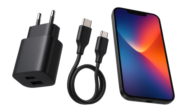 Minimal mobile phone charger with USB cable and smartphone.