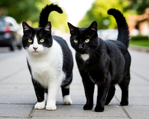 Two street cats are standing on the sidewalk