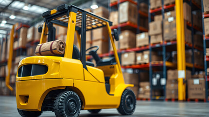 Forklift carrying goods in a modern warehouse