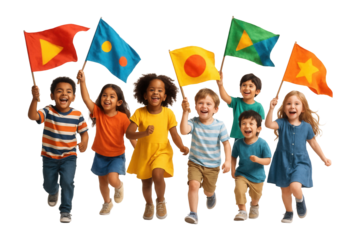 Children in a parade celebrating with flags.