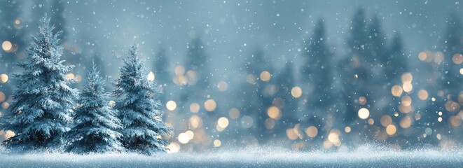 Snowy winter scene with snow-covered fir trees and glowing bokeh lights