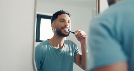 Mirror, brushing and teeth with man in bathroom for hygiene, oral health and bad breath prevention....