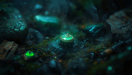 Bioluminescent Fantasy Relics Macro in Enchanted Dark Forest &ndash; Cinematic Editorial Background, Dreamy Mist Glow, Magazine & Poster-Ready Concept Art