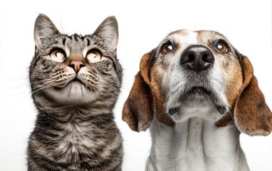 Close-up of a cat and dog looking upward (1)
