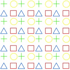 Seamless repeating pattern of basic geometric shapes including red squares, blue triangles, yellow circles, and green plus signs. Minimalist and colorful design for background or decoration.